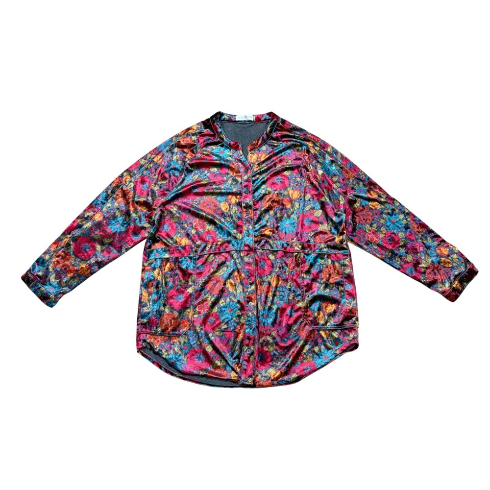 Natural Life Floral Velvet Button Down Shirt‎ Jacket Tunic Multicolored M Casual